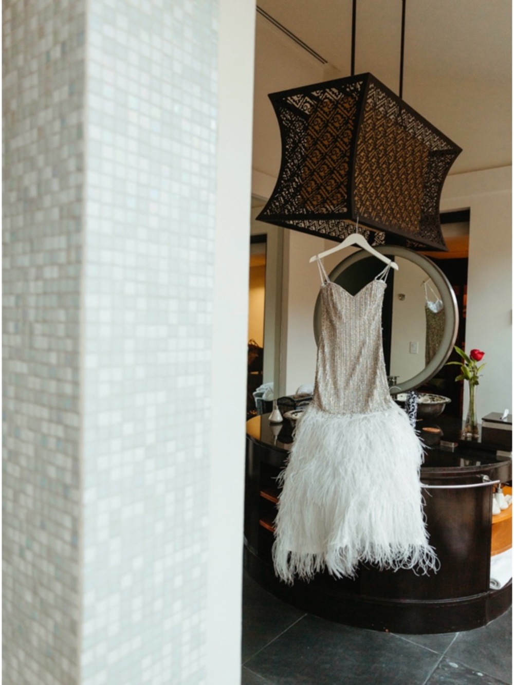 Beaded Bodice Feather Hem Cocktail Dress - Ivory/Silver